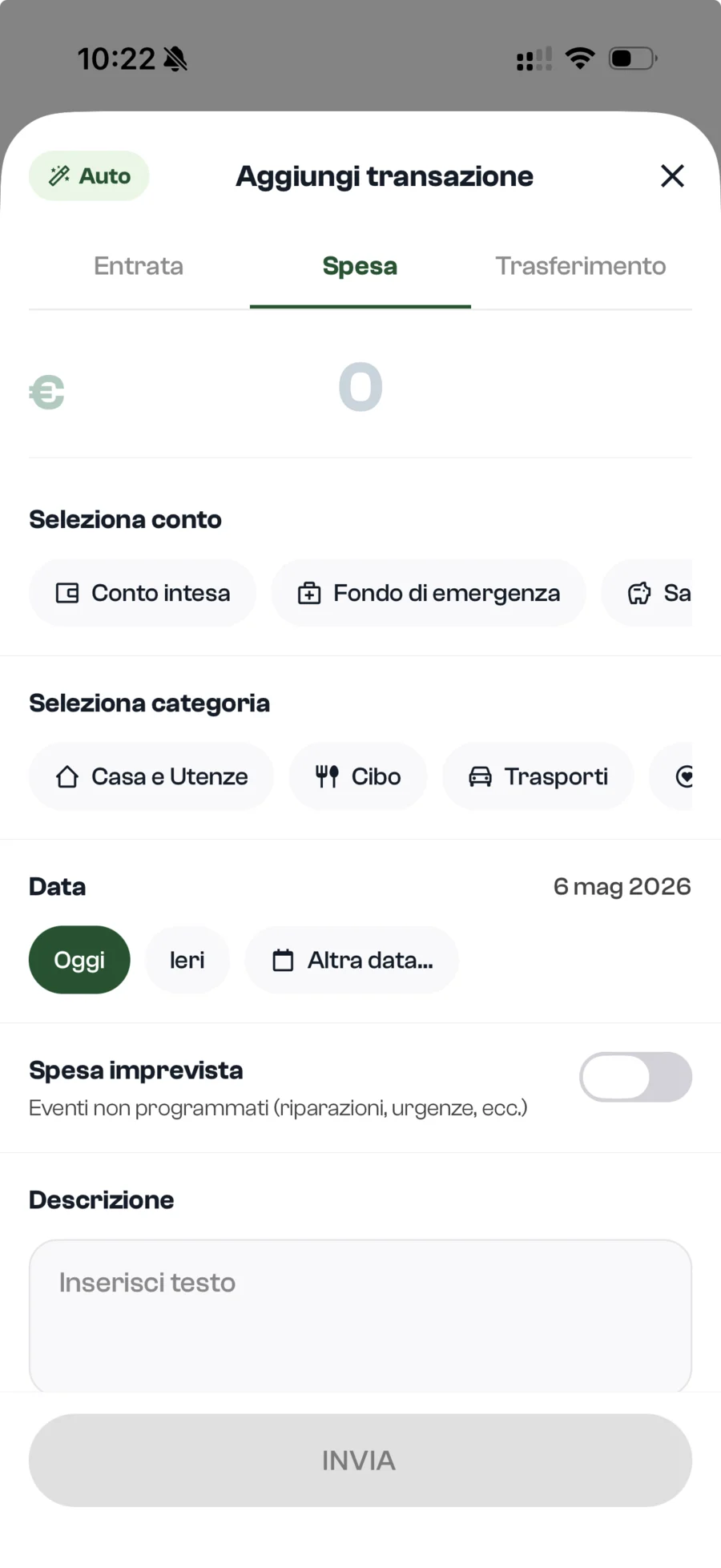 Schermata per aggiungere una transazione in Blin