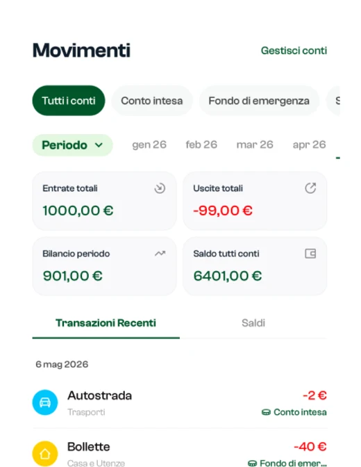 Schermata Blin: elenco movimenti con entrate e uscite